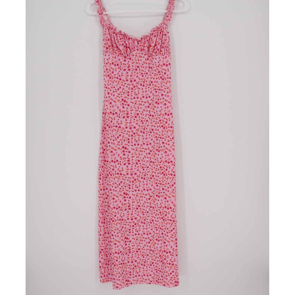 Commense Women's Pink Floral Ruched Bust Midi Dress Size M